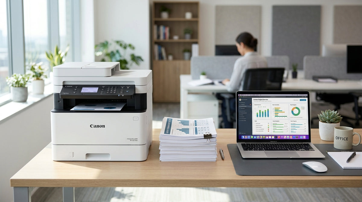 Modern laser printer on a tidy office desk beside a laptop and a stack of printed reports