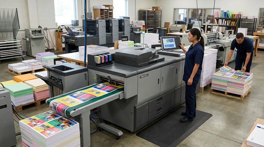 Large production printer outputs color sheets in a busy print shop, with stacks of paper and equipment visible on the floor.