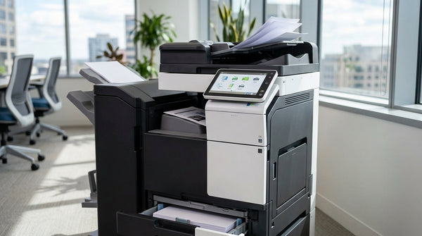Office multi-function printer featuring an automatic document feeder on top and a touchscreen control panel on the front.