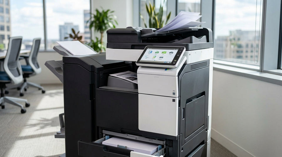 Office multi-function printer featuring an automatic document feeder on top and a touchscreen control panel on the front.
