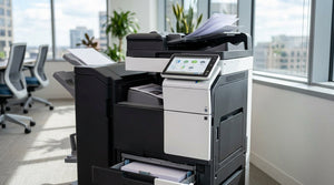 Office multi-function printer featuring an automatic document feeder on top and a touchscreen control panel on the front.