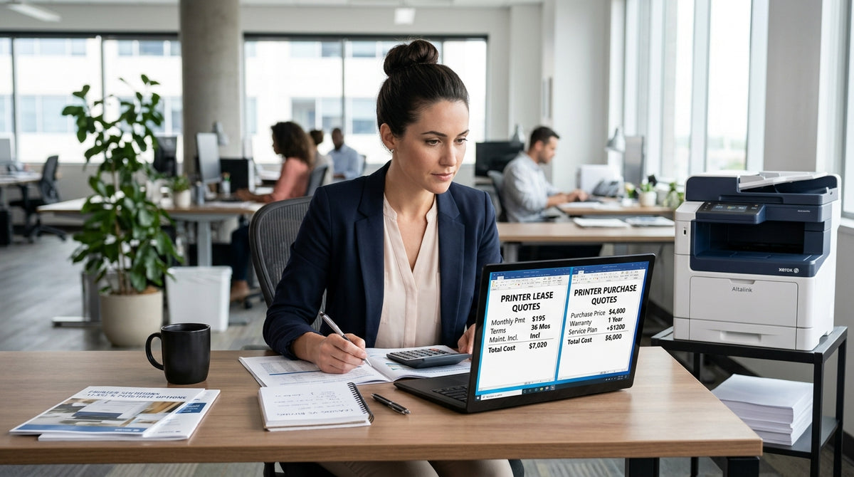 Office manager at a desk reviewing printer lease and purchase quotes on a laptop screen
