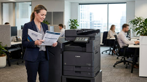 Office manager reviews printer specifications document beside a multi-function laser printer in a workplace setting
