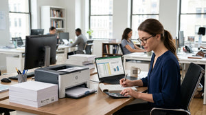 Office worker at a desk using a calculator beside a laser printer and a stack of paper.
