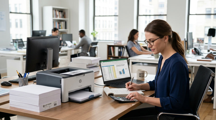 Office worker at a desk using a calculator beside a laser printer and a stack of paper.