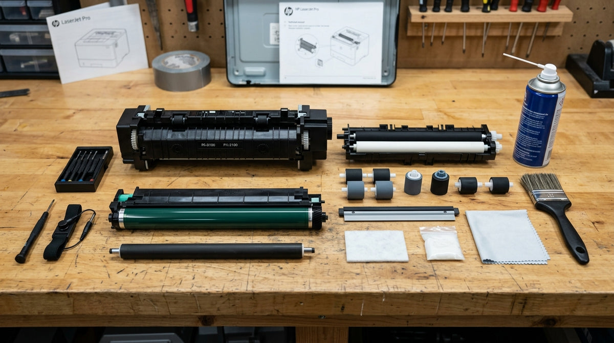 Laser printer maintenance kit parts including fuser, rollers, and transfer unit arranged on a workbench