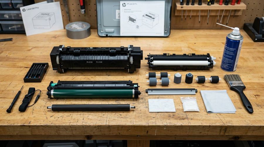 Laser printer maintenance kit parts including fuser, rollers, and transfer unit arranged on a workbench