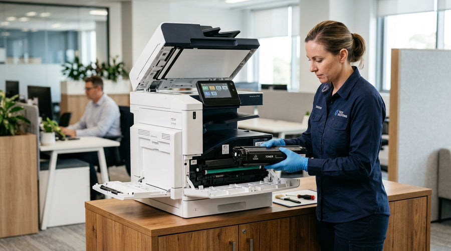 Technician inspects a toner cartridge while servicing an office laser printer.