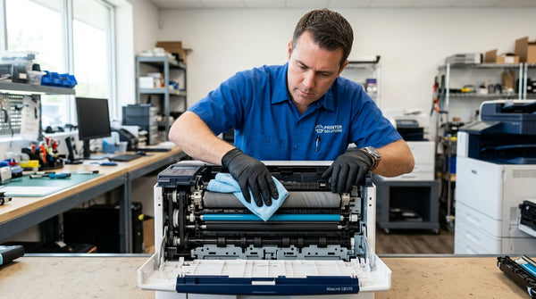 Technician wipes the interior rollers of an open laser printer with a microfiber cloth.