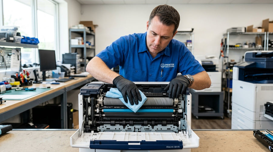 Technician wipes the interior rollers of an open laser printer with a microfiber cloth.