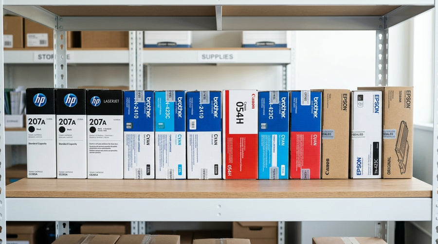 Sealed toner cartridges in original boxes stored upright on a shelf in a cool, dry storage area.