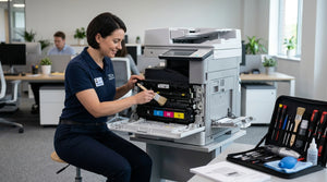Technician in uniform opening the front panel of an office laser printer to perform routine maintenance.