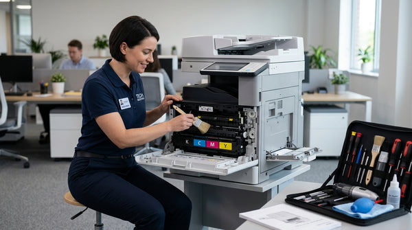 Technician in uniform opening the front panel of an office laser printer to perform routine maintenance.