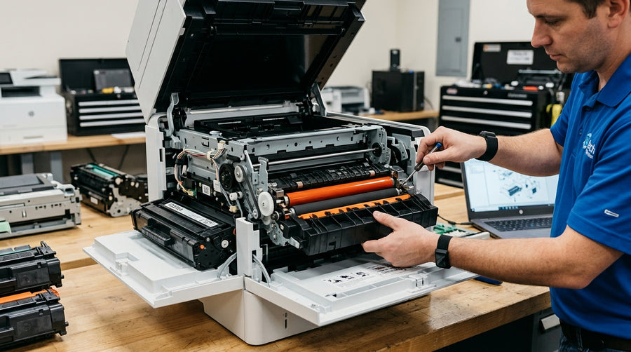 Open laser printer with top cover lifted, exposing the fuser unit and roller assembly for maintenance access.