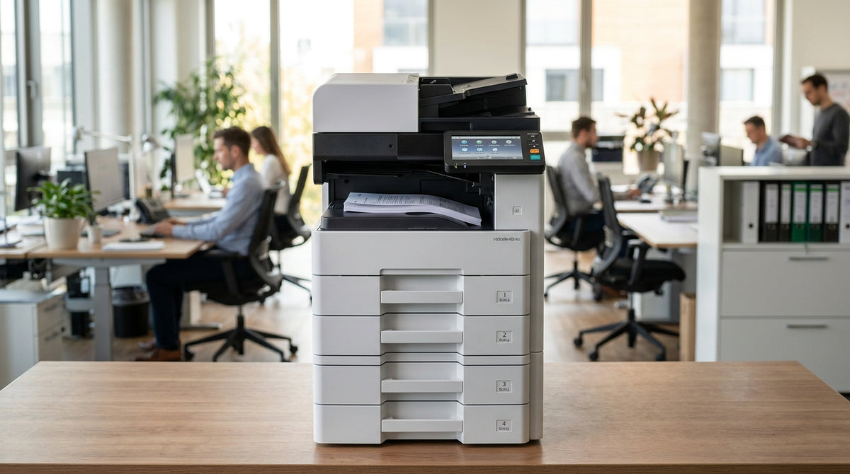 Office laser printer with multiple paper trays stacked beneath and a duplex unit attached at the rear.