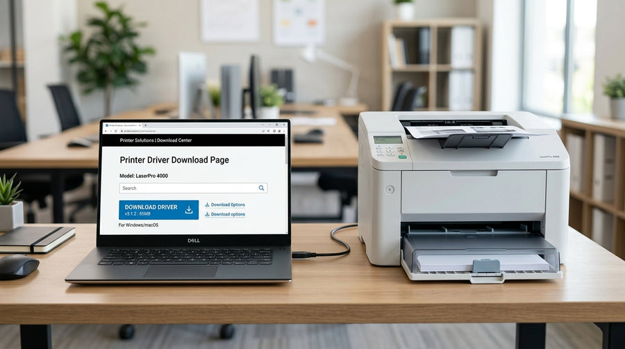 Laptop displaying a printer driver download page on screen, positioned beside a black office laser printer on a desk.