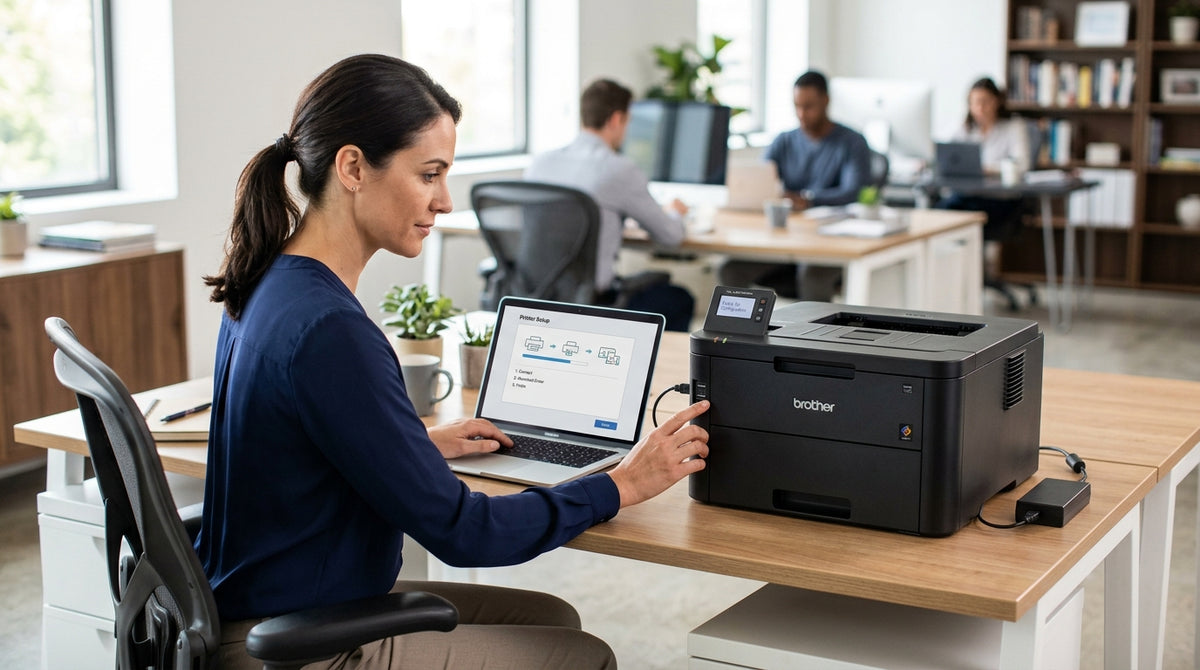 Office worker setting up a new laser printer on a desk beside a laptop displaying installation screens.