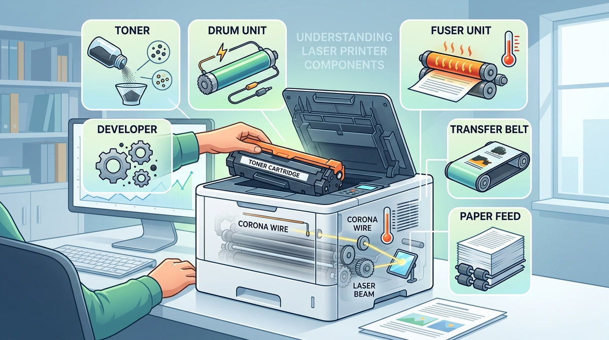 Hands installing a toner cartridge into an open laser printer, with glossary terms floating around the device.