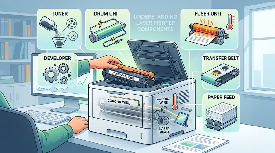 Hands installing a toner cartridge into an open laser printer, with glossary terms floating around the device.