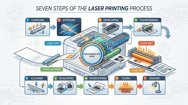 Labeled diagram of laser printing's seven steps, showing the drum, laser, toner cartridge, and fuser with process arrows.