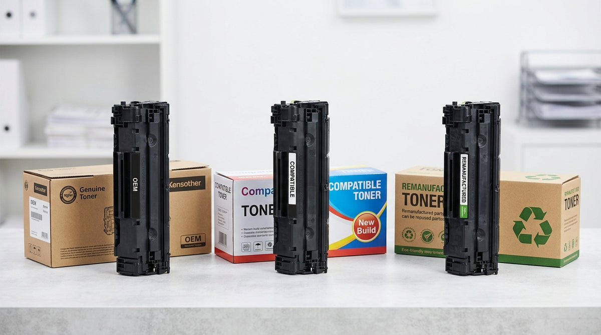Three toner cartridges arranged side by side, labeled OEM, compatible, and remanufactured.