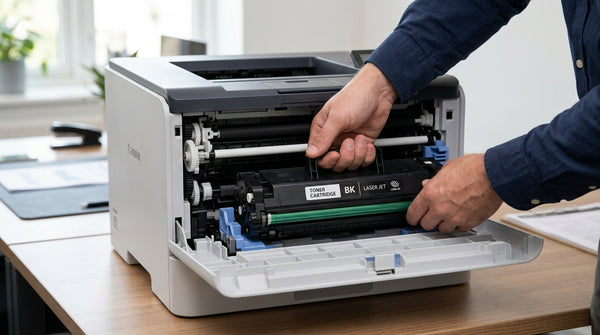 Hands inserting a black toner cartridge into the open top compartment of a laser printer.