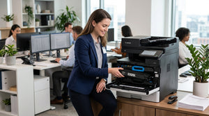 Office worker inserting a new toner cartridge into an open laser printer at a desk