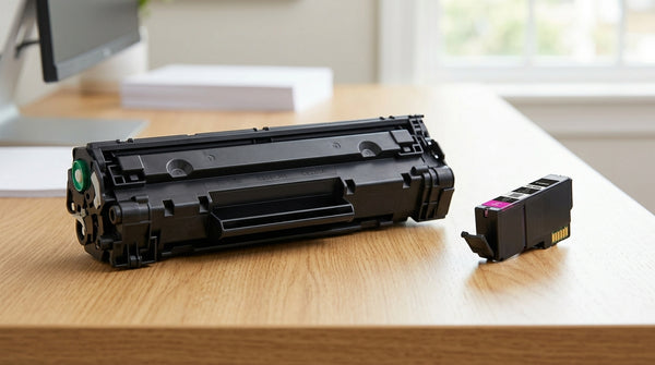 Laser toner cartridge and inkjet ink cartridge displayed side by side on a wooden office desk for comparison.