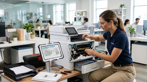 Person inspecting an open office laser printer while a diagnostic troubleshooting checklist displays on a nearby monitor.