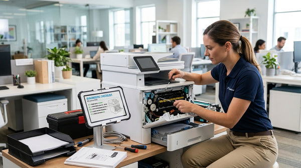 Person inspecting an open office laser printer while a diagnostic troubleshooting checklist displays on a nearby monitor.