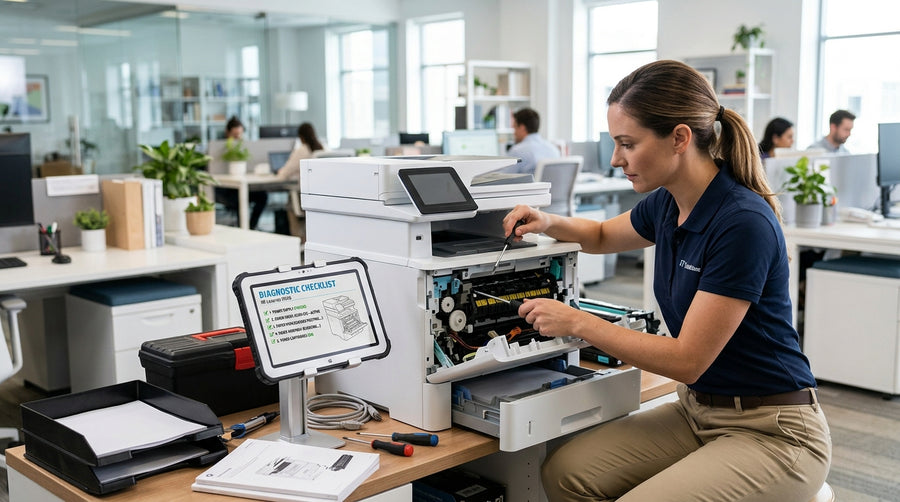 Person inspecting an open office laser printer while a diagnostic troubleshooting checklist displays on a nearby monitor.
