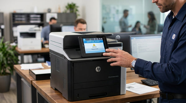 Technician's hand reaches toward an HP LaserJet printer control panel showing an error code on the display screen.