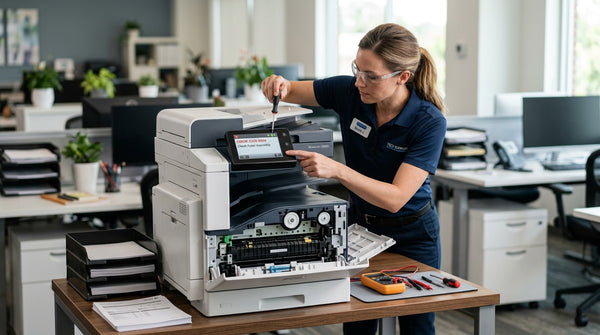 Technician examines an error code on the LCD display panel of a laser printer while troubleshooting the device.