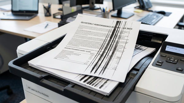 Close-up of a laser printer output tray holding printed pages marred by vertical black streaks running across the text.