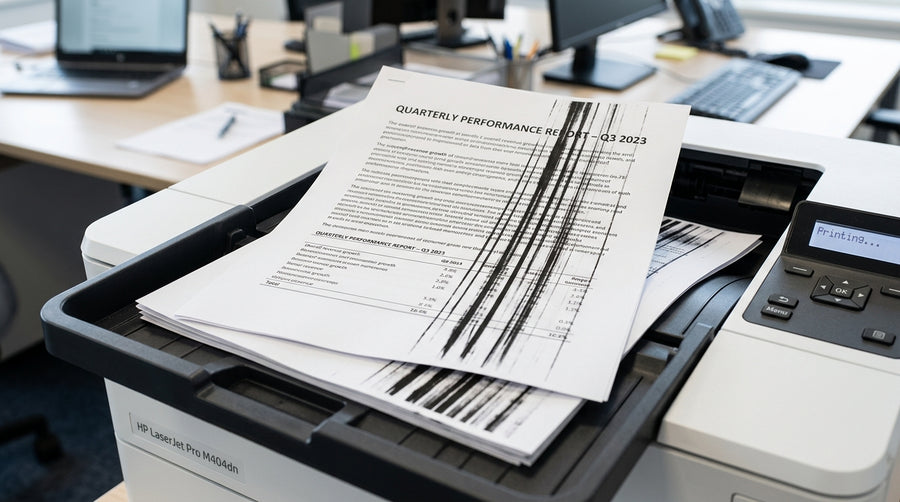 Close-up of a laser printer output tray holding printed pages marred by vertical black streaks running across the text.