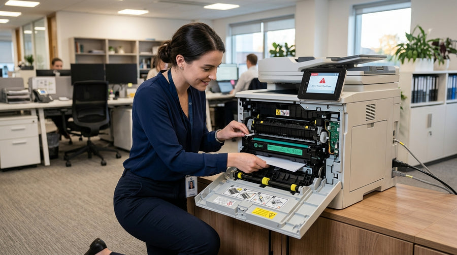 Office worker examines a laser printer with its front panel open, troubleshooting the device at a desk.
