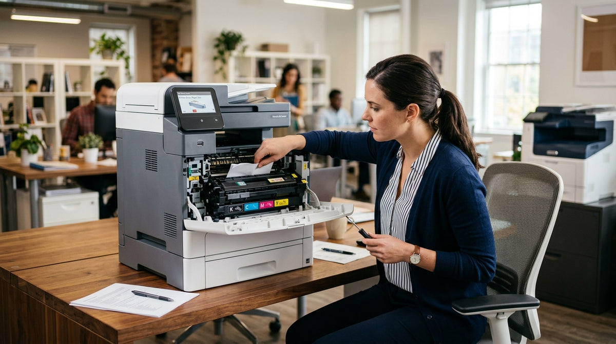 Office worker leans over a laser printer with its front panel open, examining the interior to fix a problem.