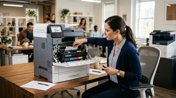 Office worker leans over a laser printer with its front panel open, examining the interior to fix a problem.