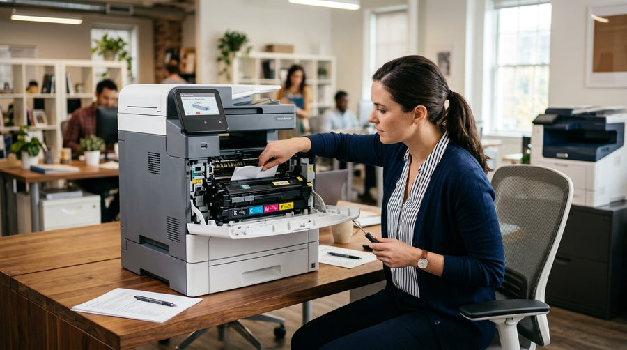 Office worker leans over a laser printer with its front panel open, examining the interior to fix a problem.