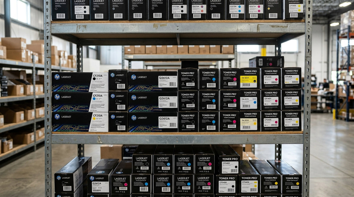 Stack of laser toner cartridges arranged on a metal warehouse shelf
