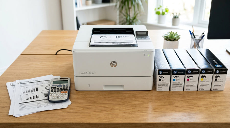 Toner cartridges arranged beside a printer with a calculator and stack of printed pages on a desk
