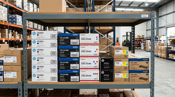 Stacked toner cartridges on a warehouse shelf, with model labels visible on each box.