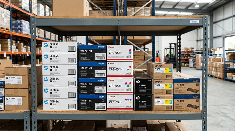Stacked toner cartridges on a warehouse shelf, with model labels visible on each box.