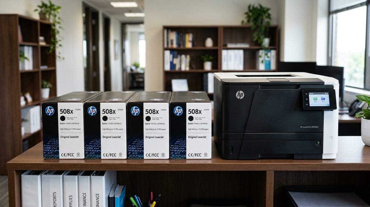 Row of high-yield toner cartridges arranged on an office shelf beside a laser printer