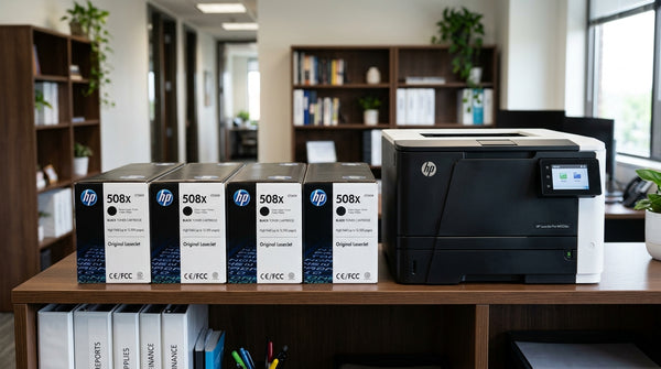 Row of high-yield toner cartridges arranged on an office shelf beside a laser printer