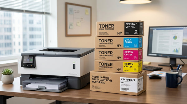 Stacked color and black toner cartridge multi-packs sit on a desk beside an office laser printer.